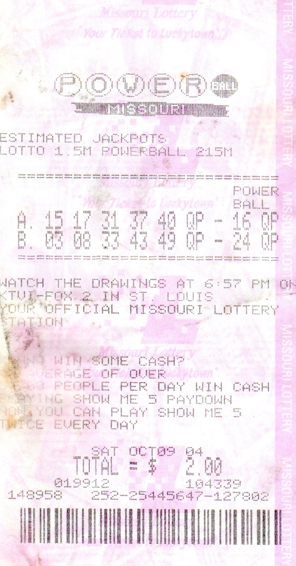 October 2004 Powerball Ticket